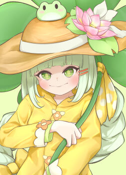 Rule 34 | 1girl, absurdres, blunt bangs, bow, braid, braided ponytail, bright pupils, brown hat, closed mouth, clover, commentary request, flower, four-leaf clover, frog on head, green eyes, green hair, hair bow, hair ornament, hairclip, hat, hat flower, hat ribbon, highres, holding, holding clover, long hair, long sleeves, parallel hairclips, pink flower, polka dot, polka dot ribbon, raincoat, ribbon, smile, solo, sr (takutaku525mi), sun hat, trickcal, ui (trickcal), upper body, white ribbon, yellow bow, yellow raincoat, yellow ribbon