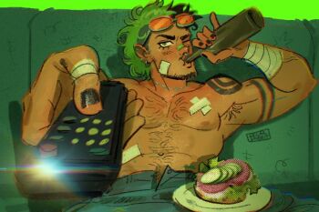 Rule 34 | 1boy, antonio leon mars (skcd loen), arm tattoo, armpit hair, artist logo, bandaged arm, bandaged fingers, bandages, bandaid, bandaid on cheek, bandaid on chest, bandaid on face, bandaid on nose, bandaid on stomach, beer bottle, black hair, black nails, bottle, chest hair, chromatic aberration, commentary, controller, couch, crossed bandaids, cucumber, drinking, ear piercing, english commentary, eyewear on head, facial hair, food, goatee stubble, green eyes, green hair, grey-framed eyewear, hashtag-only commentary, holding, holding bottle, holding remote control, jewelry, lettuce, logo, looking at viewer, man watching tv (meme), meme, mullet, multicolored hair, mustache stubble, navel, necklace, nipples, on couch, one eye closed, open fly, orange-tinted eyewear, original, pants, photo-referenced, piercing, plate, remote control, ring piercing, salami, sandwich, short hair, sideburns stubble, sitting, skcd loen, split-color hair, stomach hair, stubble, tan, tattoo, tinted eyewear, two-tone hair, undercut, wavy ends