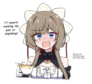 1girl bare_shoulders black_collar black_sleeves blue_eyes blush bonnet brown_hair chirun0 collar commentary cup detached_collar detached_sleeves dress drinking_glass english_commentary english_text genshin_impact gloves headdress holding holding_cup long_sidelocks long_sleeves open_mouth sandrone_(genshin_impact) short_hair short_hair_with_long_locks sidelocks simple_background solo spilling splashing tea teacup tsundere white_background white_headdress