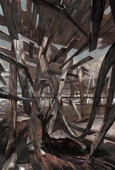 Rule 34 | abandoned, animal, animal focus, antlers, architecture, atmospheric perspective, brown theme, deer, deer antlers, denchou, from behind, haze, highres, horns, lying, no humans, original, outdoors, painterly, ruins, scenery, surreal