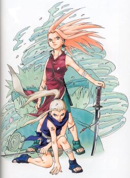 2girls blonde_hair blue_boots blue_eyes boots dress green_eyes haruno_sakura highres katana kishimoto_masashi long_hair looking_at_viewer multiple_girls naruto_(classic) naruto_(series) official_art open-toe_boots pink_hair planted planted_sword planted_weapon ponytail simple_background sleeveless sleeveless_dress sword weapon white_background yamanaka_ino