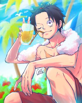 Rule 34 | 1boy, black hair, blue sky, chaa (aoichar522 ), commentary request, cup, drinking glass, highres, holding, holding cup, looking at viewer, male focus, monkey d. luffy, one eye closed, one piece, palm tree, scar, scar on chest, scar on face, short hair, sitting, sky, smile, solo, topless male, tree