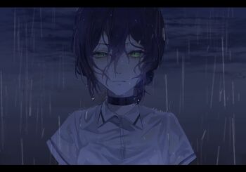 1girl absurdres black_border black_choker border breasts chainsaw_man choker closed_mouth cloud cloudy_sky collared_shirt green_eyes grenade_pin hair_between_eyes hair_bun highres looking_at_viewer medium_breasts medium_hair messy_hair outdoors purple_hair rain reze_(chainsaw_man) shirt sky solo storm t-shirt tokkieee_qian updo upper_body wet wet_clothes white_shirt