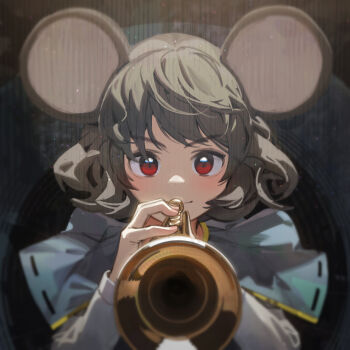 &gt;:) 1girl absurdres animal_ears black_hair blue_capelet capelet closed_mouth ddal highres holding holding_instrument instrument long_sleeves looking_at_viewer mouse_ears nazrin red_eyes shirt smile solo touhou trumpet upper_body v-shaped_eyebrows white_shirt