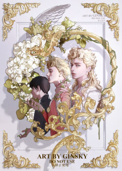 1boy absurdres aged_down angel_wings bishounen black_hair black_jacket blonde_hair blue_eyes braid chinese_commentary commentary_request curly_hair earrings flower ginsky2000 giorno_giovanna haruno_shiobana high_collar highres holding holding_flower jacket jewelry jojo_no_kimyou_na_bouken ladybug_ornament leaf long_hair long_sleeves looking_at_viewer male_focus multiple_persona pink_jacket plant profile shadow upper_body vento_aureo vines watermark weibo_username weibo_watermark white_flower white_jacket wing_ornament wings