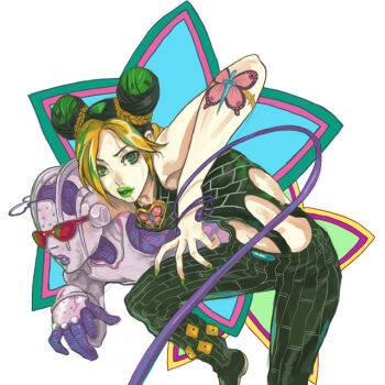 1girl bare_arms bezi blonde_hair braid bun_with_braided_base butterfly_tattoo green_eyes green_hair green_lips green_nails hair_bun jojo_no_kimyou_na_bouken kuujou_jolyne looking_at_viewer midriff multicolored_hair patterned stand_(jojo) star_(symbol) stone_free stone_ocean sunglasses tattoo two-tone_hair