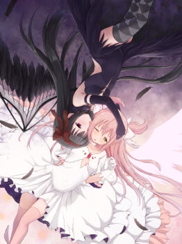 Rule 34 | 2girls, akemi homura, black dress, black gloves, black hair, black wings, bow, brown thighhighs, choker, color contrast, commentary request, covered navel, cropped shirt, dress, elbow gloves, feathered wings, floating hair, gloves, hair bow, hand on another's head, hidarikata, highres, kaname madoka, layered dress, long hair, looking at another, mahou shoujo madoka magica, mahou shoujo madoka magica (anime), multiple girls, pink hair, plunging neckline, red bow, red eyes, shirt, straight hair, thighhighs, white choker, white dress, white gloves, white shirt, wings, yuri
