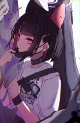 Rule 34 | 1girl, animal ears, black choker, black hair, black mask, black wristband, blue archive, blunt bangs, blurry, cat ears, choker, colored inner hair, commentary request, depth of field, earclip, earrings, extra ears, halo, hands up, highres, instrument case, jewelry, kazusa (band) (blue archive), kazusa (blue archive), kry oekk, looking at viewer, mask, mask pull, mouth mask, multicolored hair, official alternate costume, parted lips, pink eyes, pink hair, pink halo, shirt, solo, stud earrings, upper body, white shirt
