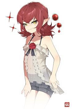 1girl absurdres anomarasu bare_arms bare_legs bare_shoulders black_shorts collarbone commentary cowboy_shot fang fang_out flat_chest highres looking_at_viewer medium_hair navel original pointy_ears red_hair ribbed_shorts see-through_clothes short_shorts shorts simple_background skin_fang slit_pupils smile solo sparkle symbol-only_commentary white_background yellow_eyes