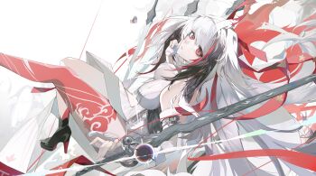 absurdres alternate_form breasts china_dress chinese_clothes commentary dress droopy_ears gradient_hair headband highres horns horse_girl large_breasts leg_tattoo long_hair multicolored_hair platform_heels qingming_sword red_eyes red_tattoo ribbon single_horn streaked_hair tattoo thighs tuzi_yan very_long_hair white_hair ye_shunguang zenless_zone_zero