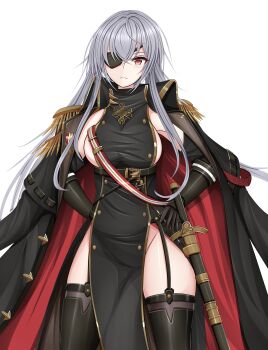 1girl absurdres azur_lane black_coat black_garter_straps black_gloves breasts coat coat_on_shoulders commentary_request cowboy_shot elbow_gloves epaulettes eyepatch fritz_rumey_(azur_lane) garter_straps genius_1237to gloves gold_trim highres large_breasts looking_at_viewer military_uniform pelvic_curtain red_eyes scabbard sheath sideboob simple_background solo white_background