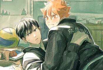 Rule 34 | 2boys, ball, black hair, black jacket, blush, caught, closed mouth, commentary request, embarrassed, haikyuu!!, highres, hinata shouyou, jacket, kageyama tobio, korean commentary, male focus, multiple boys, orange eyes, orange hair, short hair, ssom, track jacket, volleyball (object), yaoi