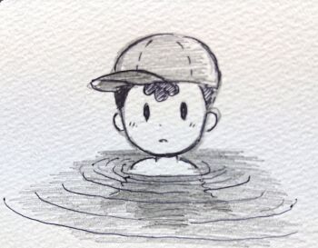 artist_request hat highres legs male mother_(series) mother_2 ness_(mother_2) nintendo nude shota super_smash_bros. swimming traditional_media