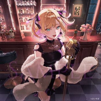 1girl :d bar_(place) black_dress black_gloves black_shoes blonde_hair bow bow_earrings breasts checkered_floor colored_inner_hair commentary_request copyright_notice dress earrings elbow_gloves fur_shawl gloves green_eyes hair_ornament hairclip heart heart_necklace highres holding holding_microphone_stand indoors jewelry kotobuki_nashiko kurumi_noah large_breasts looking_at_viewer microphone microphone_stand multicolored_hair necklace night official_art open_mouth pink_hair sample_watermark shawl shoes short_dress short_hair sleeveless sleeveless_dress smile solo strappy_heels two_side_up vintage_microphone virtual_youtuber vspo! watermark
