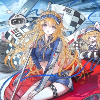 1girl animal_ears blonde_hair blue_eyes blue_jacket blue_shirt blue_shorts breasts car cat_ears checkered_flag crop_top cropped_jacket day flag hair_ornament hairclip highres holding holding_flag jacket long_hair long_sleeves looking_at_viewer midriff motor_vehicle navel open_mouth original outdoors parted_lips race_queen shirt short_shorts shorts sitting sky solo tail thigh_strap thighhighs thighs very_long_hair visor_cap wuyu16
