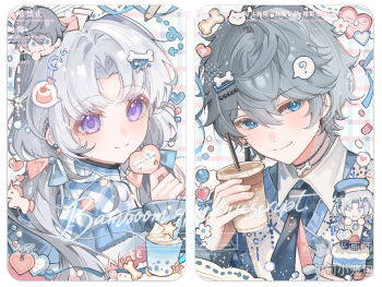 1boy 1girl ? blue_eyes blue_necktie blue_shirt bone_hair_ornament border closed_mouth collared_shirt cup drinking_straw food grey_hair hair_between_eyes hair_ornament holding holding_cup long_hair long_sleeves necktie original parted_bangs portrait pudding purple_eyes shirt short_hair smile spoken_food spoken_question_mark watermark white_border white_hair xun_xun_xiaolongbao