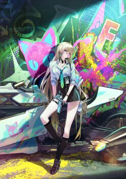 1girl absurdres aqua_necktie black_shoes black_skirt black_socks blonde_hair blowing_bubble_gum breasts chewing_gum cleavage commentary earrings ggoc_ill graffiti hair_between_eyes hair_ornament headphones headphones_around_neck highres holding id_card jewelry long_hair looking_at_viewer lynae_(wuthering_waves) medium_breasts motor_vehicle motorcycle necklace necktie purple_eyes shirt shirt_tucked_in shoes skirt skull_hair_ornament socks solo star_(symbol) star_earrings very_long_hair white_shirt wuthering_waves