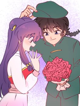 1boy 1girl china_dress chinese_clothes double_bun dress flower hair_bun long_hair purple_hair ranma_1/2 rose saotome_ranma shampoo_(ranma_1/2) shoes sidelocks smile