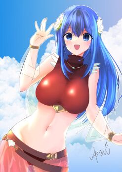 Rule 34 | 1girl, bikini, blue eyes, blue hair, breasts, caeda (fire emblem), caeda (summer) (fire emblem), cloud, cloudy sky, fire emblem, fire emblem: mystery of the emblem, fire emblem heroes, flower, hair between eyes, hair flower, hair ornament, hashtag-only commentary, highres, large breasts, long hair, looking at viewer, navel, nintendo, official alternate costume, red bikini, sky, solo, studio sugimoto, swimsuit, thighs