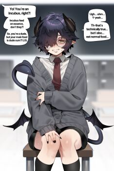 1boy black_hair black_nails black_shorts black_socks black_tail cardigan chair commentary demon_boy demon_horns demon_tail demon_wings english_text fingernails freckles glasses grey_cardigan hair_over_one_eye half-closed_eyes highres holding_own_arm horns in_(ain) indoors looking_at_viewer low_wings male_focus necktie original paid_reward_available parted_lips pointy_ears red_necktie round_eyewear school school_chair school_uniform sharp_fingernails shirt short_hair shorts sitting sleeves_past_wrists socks solo speech_bubble sweatdrop tail tareme thighs variant_set white_shirt wing_collar wings