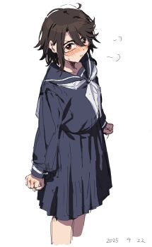 Rule 34 | 1girl, arms at sides, black sailor collar, blush, clenched hands, cropped legs, dated, glasses, hair between eyes, highres, long sleeves, looking at viewer, momijiyama teru, neckerchief, pleated skirt, pout, sailor collar, school uniform, shirt, short hair, shy (series), simple background, skirt, solo, takatisakana, white background