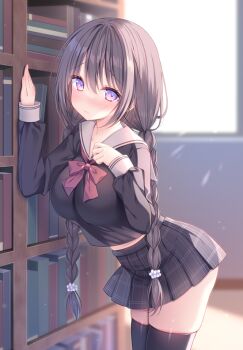 1girl black_shirt black_skirt black_thighhighs blurry blurry_background blush book bookshelf braid breasts brown_hair closed_mouth commentary_request indoors library long_hair long_sleeves looking_at_viewer medium_breasts original pleated_skirt purple_eyes school_uniform shirt sidelocks skirt solo thighhighs twin_braids watagashi_yui