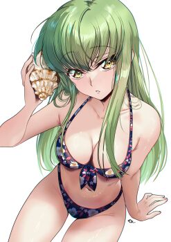 1girl absurdres arm_support bikini breasts budgiepon c.c. cleavage code_geass collarbone floral_print floral_print_bikini green_hair highres holding holding_shell long_hair looking_at_viewer medium_breasts navel parted_lips print_bikini seashell shell simple_background solo stomach swimsuit very_long_hair white_background yellow_eyes