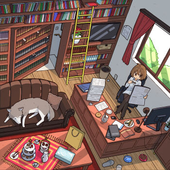 1girl absurdres ahoge animal bag book bookshelf bowl brown_eyes brown_hair cheribon collared_shirt couch crossed_legs cup curtains desk desk_lamp dog electrical_outlet food from_above hashtag-only_commentary highres holding holding_cup holding_newspaper indoors ladder lamp monitor newspaper original pants paper_bag paper_stack pet_bowl plate reading sandwich shirt sitting slippers solo table teacup teapot television unworn_slippers vase white_shirt wide_shot window wooden_floor