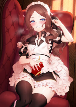 1girl apron black_dress black_thighhighs blue_eyes blush breasts brown_hair condom_box couch dress fate/grand_order fate_(series) forehead grin highres leonardo_da_vinci_(fate) leonardo_da_vinci_(fate/grand_order) leonardo_da_vinci_(rider)_(fate) leonardo_da_vinci_(rider)_(second_ascension)_(fate) loli long_hair looking_at_viewer lying m-da_s-tarou maid_headdress okamoto_condoms on_back parted_bangs puffy_short_sleeves puffy_sleeves short_sleeves small_breasts smile solo thighhighs thighs white_apron wide_hips