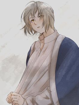 1girl blue_robe breasts collared_shirt dazed dungeon_meshi falin_touden grey_background grey_hair highres light_blush long_sleeves medium_breasts orange_eyes parted_lips robe shirt shirt_tug short_hair sleeves_past_wrists solo tama_._kogifu upper_body white_shirt