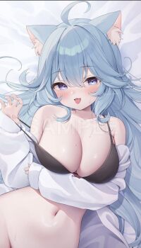 1girl ahoge animal_ear_fluff animal_ears arm_under_breasts bare_shoulders black_bra blue_eyes blue_hair blush bra breasts cat_ears cleavage collarbone commentary_request commission fingernails hair_between_eyes highres indie_virtual_youtuber large_breasts long_hair long_sleeves looking_at_viewer lying mole mole_on_breast monuke_(monu) navel on_back open_mouth out-of-frame_censoring skeb_commission solo stomach strap_pull sweat tongue tongue_out underwear very_long_hair virtual_youtuber