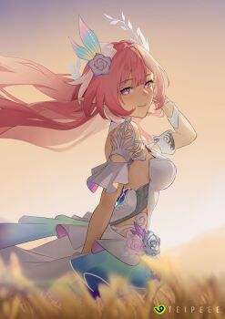 1girl artist_name breasts commentary cyrene_(honkai:_star_rail) cyrene_(demiurge)_(honkai:_star_rail) diamond-shaped_pupils diamond_(shape) flower from_side hair_flower hair_ornament halo highres honkai:_star_rail honkai_(series) large_breasts long_hair looking_at_viewer outdoors pink_hair purple_eyes solo symbol-shaped_pupils teipeee very_long_hair wheat wheat_field