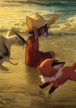 Rule 34 | 1girl, 1other, absurdres, alternate costume, androgynous, animal ears, animal hat, animal nose, beach, beak, bird, black ears, black eyes, black fur, blue hair, brown shirt, brown shorts, cat hat, closed mouth, colored sclera, commentary, dark skin, english commentary, feathers, flying, fox, fox ears, hand on headwear, hat, highres, looking at animal, looking at another, looking to the side, looking up, medium hair, neck fur, niko (oneshot), ocean, on ground, oneshot (game), orange fur, outdoors, rue (oneshot), sand, seagull, shadches72, shirt, shorts, sidelighting, sitting, straw hat, tail, water, white feathers, white fur, yellow hat, yellow sclera