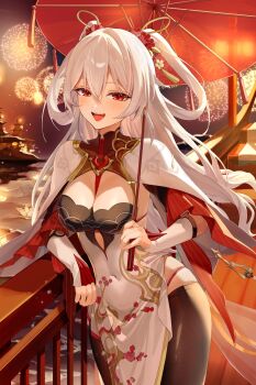 1girl absurdres aerial_fireworks architecture black_pantyhose breasts china_dress chinese_clothes cleavage coat commentary_request dress east_asian_architecture fireworks highres holding holding_umbrella honkai_(series) honkai_impact_3rd large_breasts long_hair luna_(honkai_impact) luna_(redolent_in_red)_(honkai_impact) night official_alternate_costume open_mouth panties panty_straps pantyhose red_eyes red_panties roena second-party_source sky smile solo theresa_apocalypse theresa_apocalypse_(luna_kindred) umbrella underwear very_long_hair white_coat white_dress white_hair