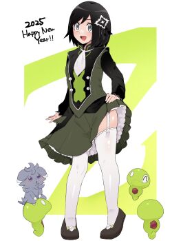 1boy 2025 :d ascot black_hair buttons calem_(pokemon) clothes_lift commentary_request cosplay espurr eyelashes garter_straps gen_6_pokemon grey_eyes hair_ornament happy_new_year highres legendary_pokemon lifting_own_clothes male_focus new_year nintendo open_mouth pokemon pokemon_(creature) pokemon_masters_ex pokemon_xy sana_(37pisana) serena_(pokemon) serena_(pokemon)_(cosplay) serena_(sygna_suit)_(pokemon) shoes skirt skirt_lift smile standing thighhighs tiptoes white_ascot white_thighhighs zygarde zygarde_core