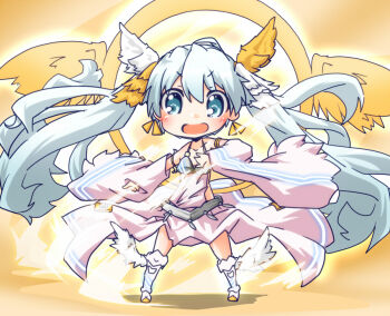 1girl blush chibi copyright_name detached_sleeves dress earrings grey_eyes jewelry long_hair looking_at_viewer official_art smile solo soutsuki_naru tama_(wixoss) twintails very_long_hair white_dress white_hair white_sleeves wixoss
