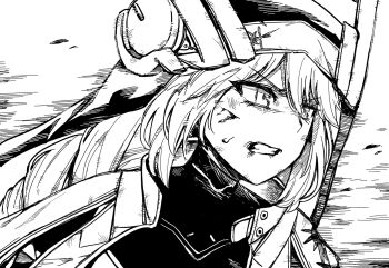 1girl black_bodysuit blood blood_on_face bodysuit braid braided_ponytail bruise cuts furrowed_brow gagaga goddess_of_victory:_nikke greyscale hair_between_eyes injury long_hair monochrome nun open_mouth rapunzel_(nikke) sidelocks simple_background solo teeth white_background