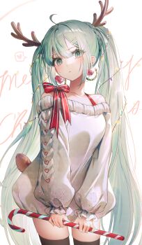 1girl antlers black_thighhighs blush bow candy candy_cane christmas closed_mouth commentary_request deer_tail dress fake_antlers fake_tail food green_eyes green_hair hair_between_eyes hatsune_miku heart highres holding holding_food horns long_hair long_sleeves merry_christmas off-shoulder_dress off_shoulder ozzingo puffy_long_sleeves puffy_sleeves red_bow reindeer_antlers simple_background sleeves_past_wrists small_sweatdrop solo spoken_heart striped_bow sweat tail text_background thighhighs twintails very_long_hair vocaloid white_background white_dress