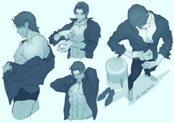 Rule 34 | abs, akiyama shun, applying makeup, bare pectorals, barefoot, black shirt, boxer briefs, boxers, commentary request, cosmetics, dress shirt, dressing, highres, jewelry, large pectorals, male focus, male underwear, monochrome, multiple views, muscular, muscular male, necklace, nicacu, open clothes, open shirt, partially open shirt, pectorals, ryuu ga gotoku (series), ryuu ga gotoku 4, shirt, shoes, spot color, underwear, unworn shoes