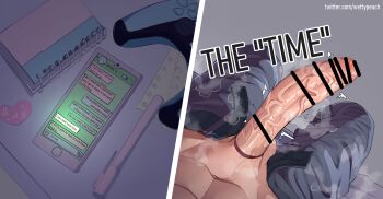 1boy abs absurdres bar_censor cellphone censored chat_log controller erection fake_phone_screenshot fake_screenshot game_controller highres huge_penis mosaic_censoring notebook original out_of_frame paper pen penis phone puri_(wettypeach) smartphone split_screen steaming_body text_messaging veins veiny_penis