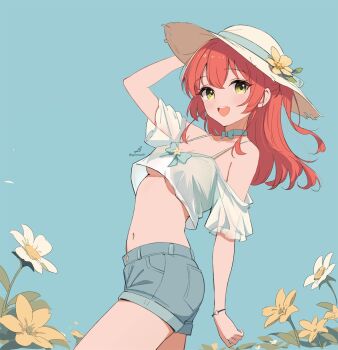 1girl bare_shoulders blue_background bocchi_the_rock! bow bracelet breasts choker crop_top crop_top_overhang floral_background flower hair_between_eyes hat hat_flower highres holding jewelry kita_ikuyo legs looking_at_viewer medium_hair minusk9 navel no_bra off_shoulder open_mouth outdoors red_hair see-through_clothes see-through_shirt shirt short_shorts shorts side_ponytail sidelocks signature small_breasts smile solo straw_hat string sun_hat twitter_username underboob yellow_eyes