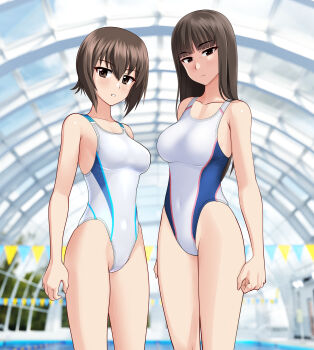 2girls absurdres black_eyes blunt_bangs breasts brown_eyes brown_hair commentary_request competition_swimsuit covered_navel cowboy_shot girls_und_panzer glass_ceiling highleg highleg_one-piece_swimsuit highres indoors large_variant_set long_hair mature_female medium_breasts mother_and_daughter multicolored_swimsuit multiple_girls nishizumi_maho nishizumi_shiho one-piece_swimsuit pool short_hair string_of_flags swimsuit takafumi variant_set white_one-piece_swimsuit