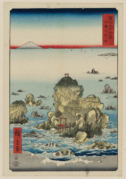 19th_century ando_hiroshige beach blue_sky boulder fine_art_parody gradient_sky highres island japan mount_fuji mountain nihonga no_humans ocean original outdoors parody red_sky rock sail scenery shore sky thirty-six_views_of_mount_fuji_(hiroshige) torii traditional_media translation_request ukiyo-e volcano water white_sky