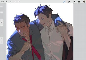 2boys adachi_tooru arm_around_shoulder art_program_in_frame black_hair closed_eyes collared_shirt commentary_request doujima_ryoutarou drunk grey_shirt highres looking_at_another male_focus multiple_boys necktie open_mouth persona persona_4 red_necktie shirt short_hair sparse_stubble sweatdrop white_shirt yinbito
