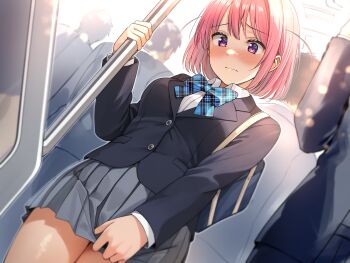 1girl 4boys absurdres bag black_jacket black_pants blazer blue_bow blue_bowtie blush bow bowtie breasts closed_mouth clothes_pull collared_shirt dutch_angle embarrassed grey_skirt hair_between_eyes highres jacket long_sleeves medium_breasts multiple_boys original pants pink_hair pleated_skirt purple_eyes school_bag school_uniform shiitake_taishi shirt skirt skirt_pull solo_focus standing thighs train_interior white_shirt