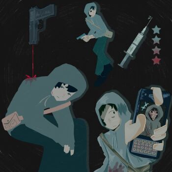 1boy arrowmntic bag black_eyes black_hair blood cry_of_fear gun gunshot_wound handgun highres holding holding_gun holding_phone holding_weapon invisible_chair looking_at_viewer male_focus multiple_views phone short_hair shoulder_bag simon_henriksson sitting star_(symbol) syringe walking weapon