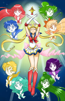 6+girls aino_minako bishoujo_senshi_sailor_moon bishoujo_senshi_sailor_moon_s blonde_hair blue_sailor_collar boots choker commentary crescent crescent_earrings double_bun earrings elbow_gloves english_commentary full_body gloves hair_bun hair_ornament heart heart_choker highres hino_rei jens_drawings jewelry kaiou_michiru kino_makoto long_hair looking_at_viewer magical_girl meiou_setsuna mizuno_ami multiple_girls ponytail red_boots sailor_collar sailor_jupiter sailor_mars sailor_mercury sailor_moon sailor_neptune sailor_pluto sailor_saturn sailor_senshi sailor_senshi_uniform sailor_uranus sailor_venus short_hair skirt smile standing super_sailor_jupiter super_sailor_mars super_sailor_mercury super_sailor_moon super_sailor_venus tiara tomoe_hotaru tsukino_usagi twintails white_gloves white_skirt