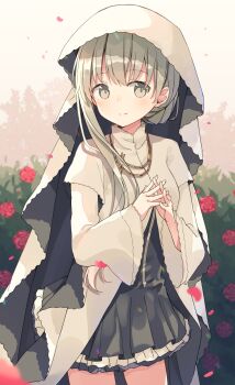 1girl black_skirt cecilia_(epic_seven) cecilia_(ragnarok_online) cecilia_(shiro_seijo_to_kuro_bokushi) closed_mouth collar double-parted_bangs dress flower frilled_dress frills grey_eyes grey_hair highres long_hair long_sleeves looking_at_viewer miniskirt red_flower shiro_seijo_to_kuro_bokushi skirt smile solo thighs wide_sleeves zoirun