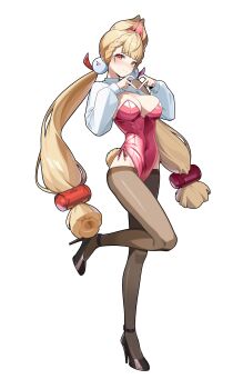 1girl absurdres alice_thymefield alternate_costume animal_ears black_pantyhose blonde_hair breasts four-finger_heart_hands full_body heart heart_hands high_heels highres large_breasts leotard long_hair non-web_source pantyhose pink_leotard playboy_bunny rabbit_ears rabbit_girl rabbit_tail red_eyes shrug_(clothing) simple_background sinigo01 solo standing standing_on_one_leg tail very_long_hair white_background white_shrug yellow_eyes zenless_zone_zero