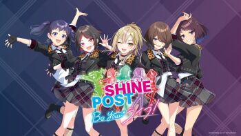 5girls artist_request belt black_belt black_choker black_hair black_necktie black_shoes blonde_hair brown_hair choker clenched_teeth commentary_request copyright_logo copyright_name copyright_notice hair_ornament hair_over_one_eye hair_ribbon hairclip idol_clothes itou_momiji kazamatsuri_asahi key_visual komurasaki_momoka laugh_diamond logo looking_at_viewer multicolored_hair multiple_girls naekawa_yawara necktie official_art one_eye_closed open_mouth pink_hair promotional_art purple_hair purple_ribbon red_hair ribbon shine_post shirt shoes skirt standing standing_on_one_leg takamura_hibiki teeth twintails vest white_shirt